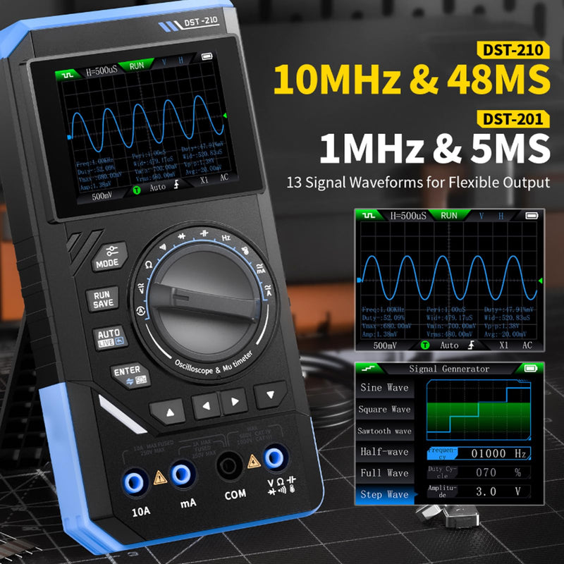 DST-210 Handheld Oscilloscope, 3-in-1 Digital Multimeter, 10 MHz Bandwidth, Oscilloscope, 48 MSa/s, Sampling Rate 19999 Counting Pulses, 2.8 Inch TFT Signal Generator, AC/DC Voltage Test, Capacitor