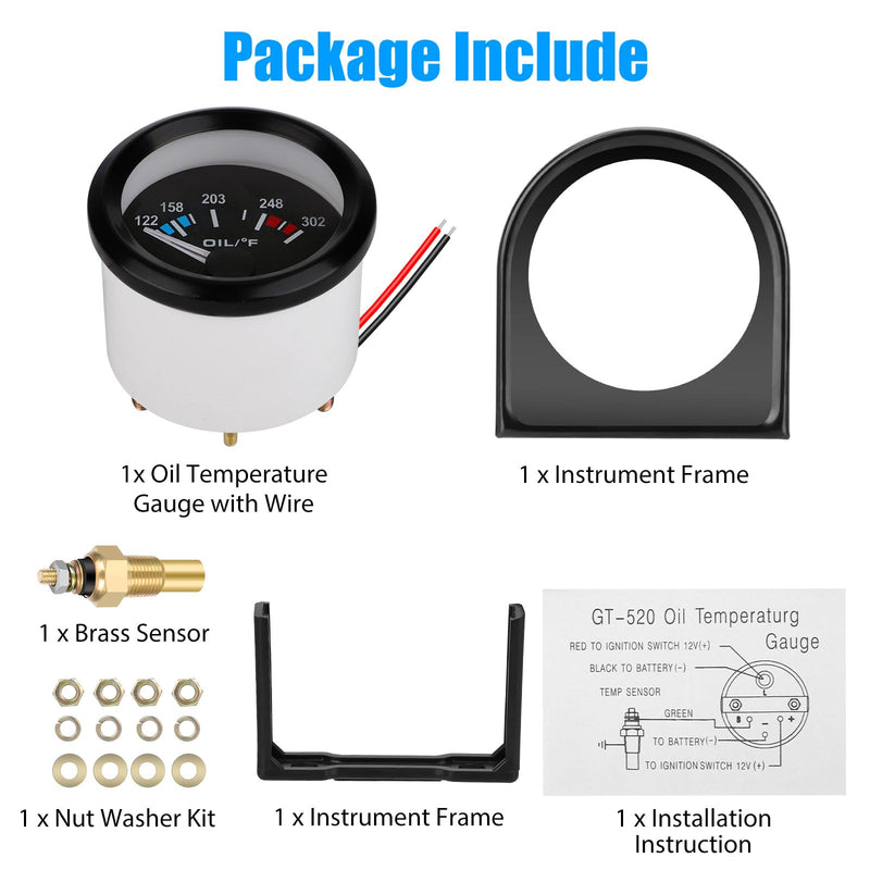 Linkstyle Oil Temp Gauge 12V, 122-302℉ Engine Temperature Gauge Meter, Electrical Oil Temperature Gauge Transmission with Sensor