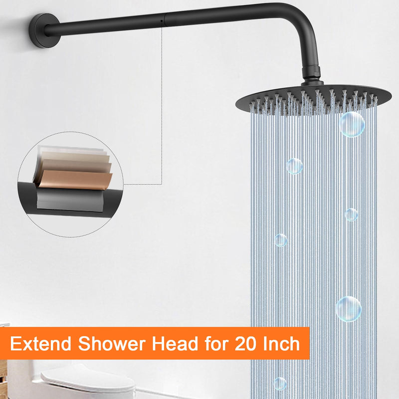 Shower Arm with Flange and Teflon Tape, Wall Mounted Shower Pipe 304 Stainless Steel Extension Arm for Fixed Shower Head & Handheld (20 Inch, Matte Black) 20 Inch
