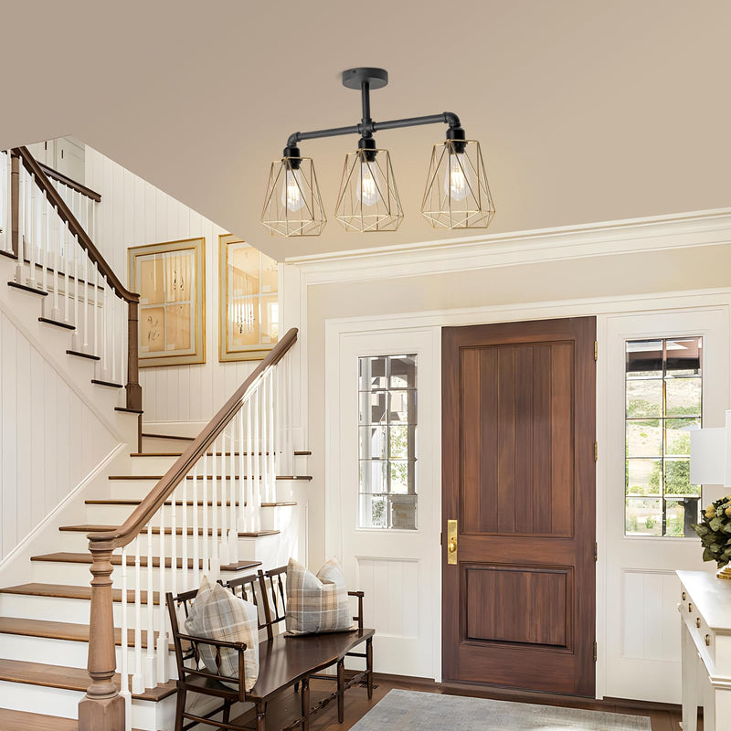 SEEBLEN 3-Lights Modern Semi Flush Mount Ceiling Light Gold,Industrial Hallway Light Fixtures Ceiling Mount Farmhouse Chandelier Ceiling Light for Kitchen Island Dining Room Hallway Porch Foyer. 3-light（A）