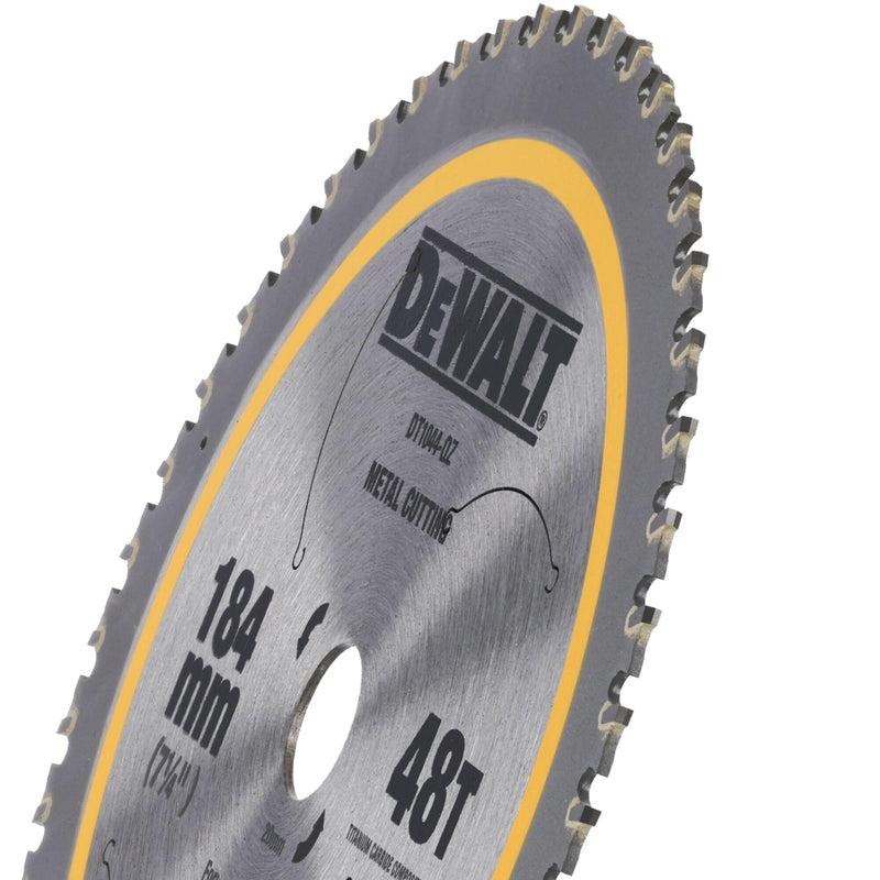 DEWALT DT1044-QZ Metal Circular Saw Blade for Use on Hand-Held Circular Saws for Cutting Mild Steel, Metal Bolts, Angle Irons, Steel Tubes, Diameter: 184 mm, Bore: 20 mm, 48 Teeth, Suitable for DCS383