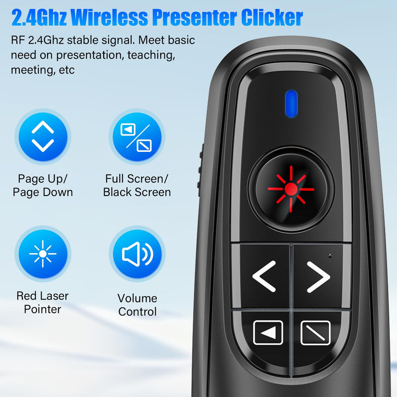 Presentation Clicker Wireless Presenter Remote Clicker, USB C PowerPoint Clicker for Presentation with Laser Pointer, RF 2.4GHz Computer Pointer Clicker Slide Advancer for Google Slides,Mac,Laptop Black