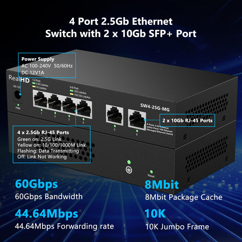 6-Port 10Gb Web Managed Ethernet Network Switch | 2 x 10Gb RJ-45 Ports | 4 x 2.5Gb Base-T Ports | Multi Gigabit Switch 10-100-1000Mbps | 60G Bandwidth | Fanless Metal Internet Switch 2 x 10Gb RJ45 | 5 x 2.5Gb Base-T Managed