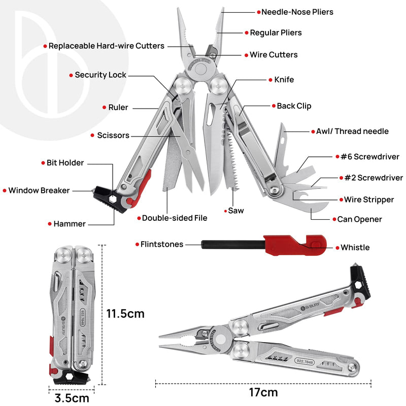 BIBURY Multitool Pliers BI2038B, 22-in-1 Stainless Steel Multi Tool with Flint, Window Breaker, Scissors, Back Clip, Folding Pocket Multifunctional Self-locking EDC Tool for Survival Camping Hiking