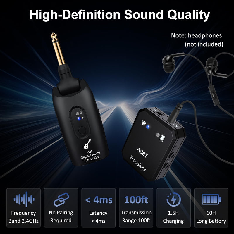 A98T 2.4GHz Wireless in-Ear Monitor System – Low Latency, HD Audio, 100ft Range, 24-bit 48kHz for Clear Sound, Mono/Stereo, 5-Hour Battery, Ideal for Studio, Live Performance, Bands