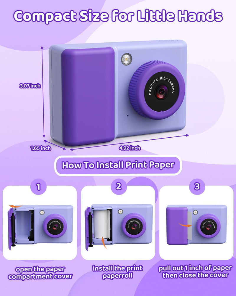 Kids Camera Instant Print, 20MP 1080P Video Instant Print Camera for Kids with 32GB SD Card, 240 Photos Printing, Face Recognition, ABS Durable, Christmas Birthday Gifts for Ages 3-12 Purple