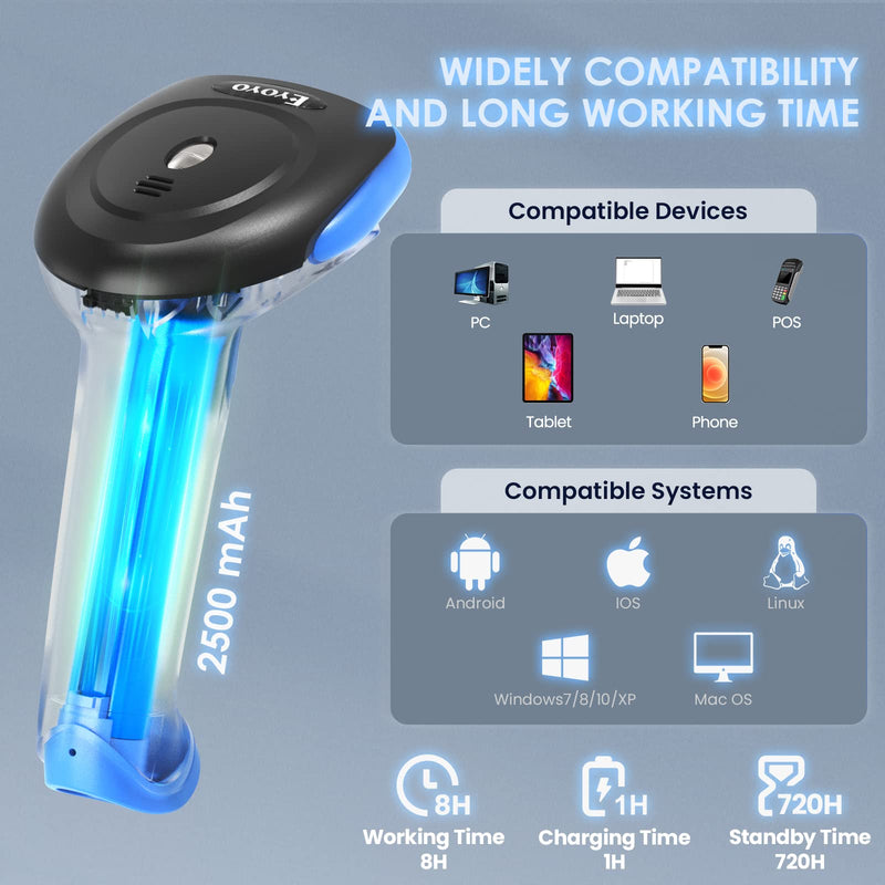 Eyoyo 2D Bluetooth Barcode Scanner Wireless, 2500mAh Handheld Cordless USB Wired QR Bar Code Reader for Library, Warehouse Inventory Compatible with iPad, Android Phone, iPhone, Laptop Light Blue