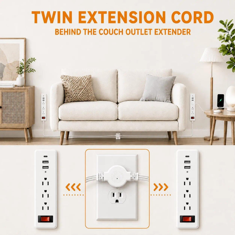Twin Extension Cord - 20 FT Split Extension Cord, 6 Outlets and 6 USB Ports - Double Power Strip, 3 Prong and Flat Plug, for Behind Bed, Couch, Nightstands, Vanity, Furniture dual 10ft