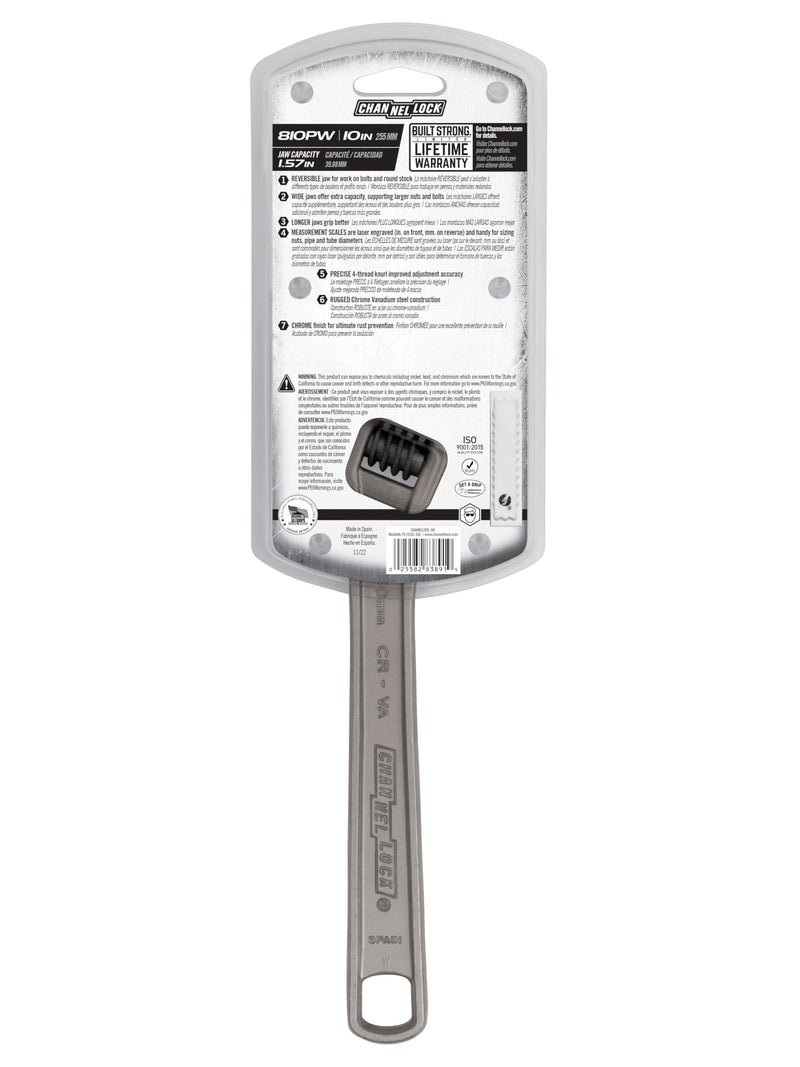 Channellock Adjustable Wrench 810PW - Reversible Jaw, Pipe Wrench Function - 10 In.