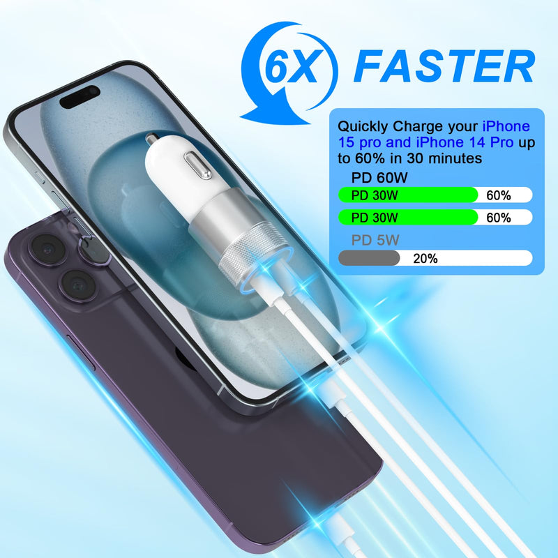 iPhone Car Charger Fast Charging [Apple MFi Certified], 60W Dual USB-C Power Cigarette Lighter Car Charger+Type-C Cable&Lightning Cable for iPhone 15 14 13 12 11 Pro Plus XS XR iPad, Samsung and more