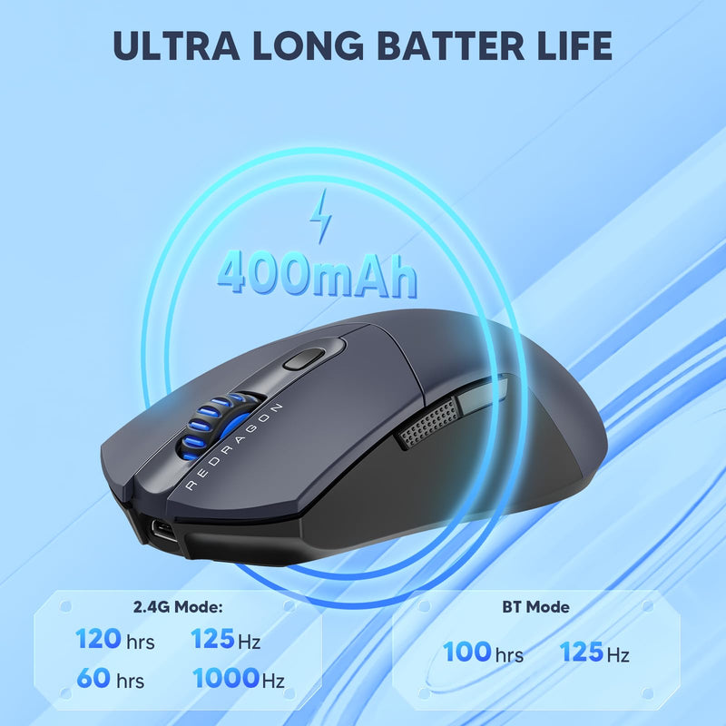 Redragon Wireless Gaming Mouse, Ultra-Light 26K DPI Gaming Mouse Tri-mode Bluetooth Mouse Ergonomic Natural Grip Build, Full Programmable Buttons, Software Supports DIY Keybinds