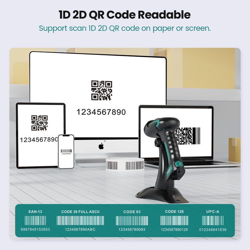 Wireless Barcode Scanner with Stand, Industrial 1D 2D QR Bluetooth Barcode Scanner for Android, iOS, Windows, Mac, USB Bar Code Reader Scanner with Drop Resistant Dustproof Waterproof Green