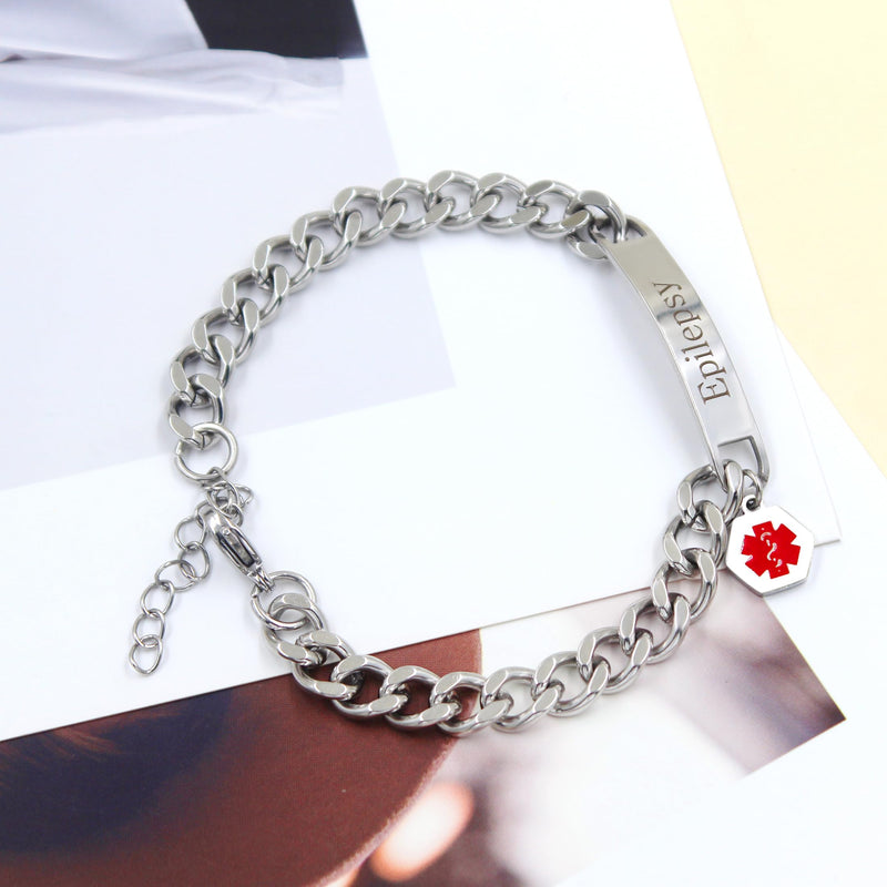 Uloveido Red Medical ID Bracelet | White/Black Cuban Chain Bracelets | Custom Medical Alarm Jewelry for Men Women | Waterproof Stainless Steel Bracelet YA5169 White Epilepsy