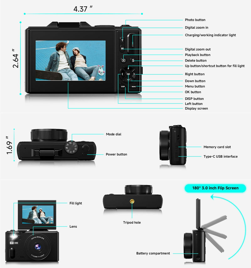Digital Camera, 5K 80MP Travel Camera for Photography Compact Camera for YouTube with 3" 180° Flip Screen with 18X Zoom Autofocus Vlogging Camera with 64GB SD Card for Teens Beginner (Black) Black