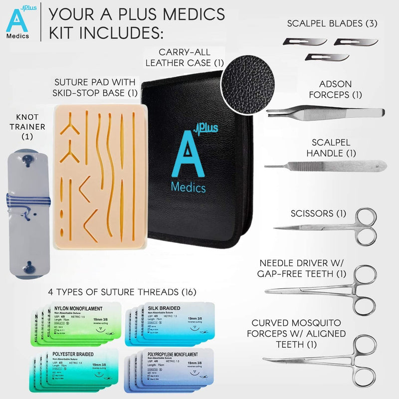 Complete Suture Practice Kit for Medical Students w/How-To Suture HD Video Course, Suture Training Manual & Carryall Case. All-in-One A Plus Medics kit including suture practice pad. (Educational Use Only)
