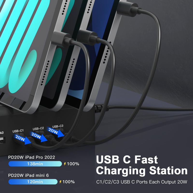MSTJRY 90W 6-Port USB C Fast Charging Station for Multiple Devices, Multi PD Charger Station for iPhone iPad Tablet Phone, Charging Dock Organizer with Adjustable Dividers for Home Office Classroom black