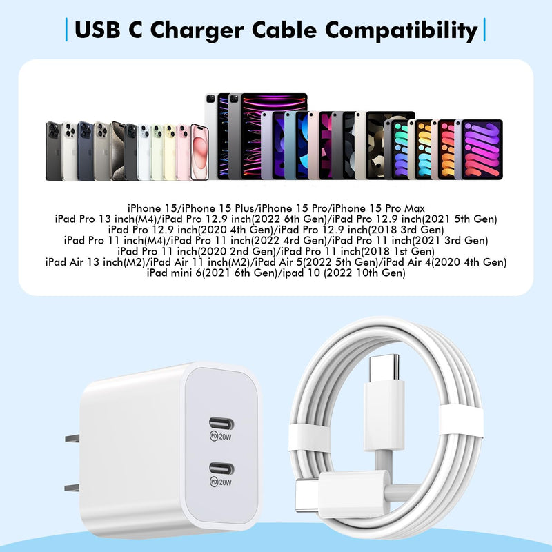 iPhone 15 Charger,Apple Charger Fast Charging,2Pack 40W Dual Port Power Delivery Apple Charging Block,2Pack 6FT USB C to C Fast Charger Cable,USB C Charger for iPhone 15/15 Pro/iPad Pro/iPad Air/Mini