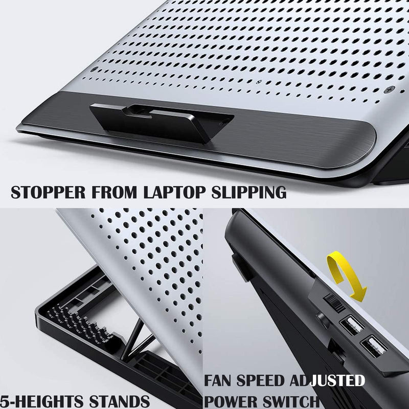 16inch Single Fan Lap Chill Mat - Aluminum Panel Laptop Cooling Pad, Heat Protection Laptop Cooler, Adjustable Foldable Long Stand, Fans Switch with dimmable-Speed, USB-A Connection Laptop Fan Silver Single-fan.