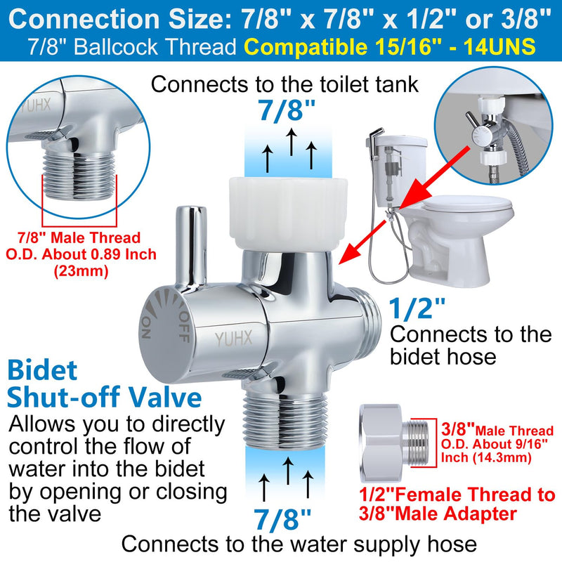 Brass Bidet T Adapter with Shut-Off Valve,3 Way 7/8 or 15/16 and 1/2 or 3/8,7/8" Metal T Valve for Bidet,Toilet Tee Connector Diverter Adaptor,Bidet Attachment for Toilet