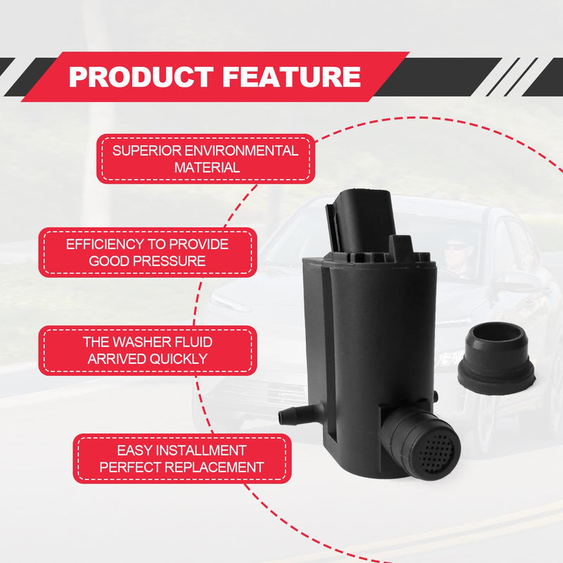 Windshield Washer Pump, Compatible with Hyundai, Kia, Replaces OEM: 98510-1C100, 98510-26100, 98510-1W000, 98510-2K000, Washer Fluid Pump with Grommet Replaces: 98510-1C100