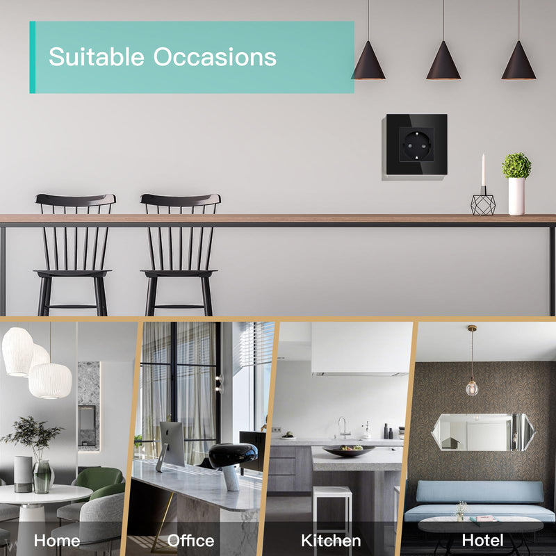 BSEED Schuko socket 1 compartment crystal glass plate socket glass flush-mounted single socket 16Amp socket 86mm extension sockets wall socket black