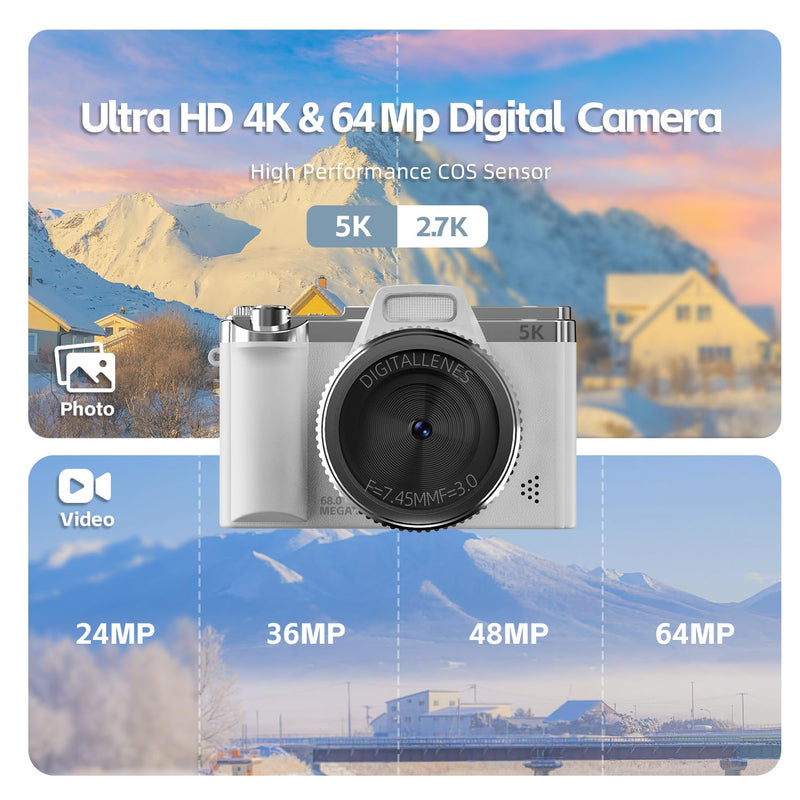 WGM 5K Digital Camera,68MP Cameras for Photography,16X Zoom Compact Point and Shoot Cameras,32GB Card & Flash,for Boys Girls Teens Beginners(White) White