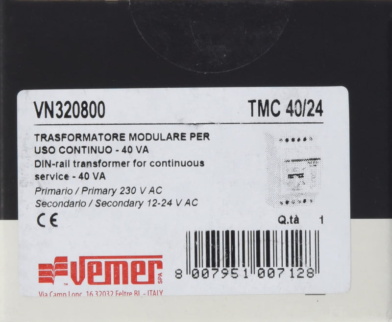 VEMER VN320800 TMC 40/24 - Transformer for DIN rails with primary voltage 230V, secondary voltage 12-24V and power 40VA, white