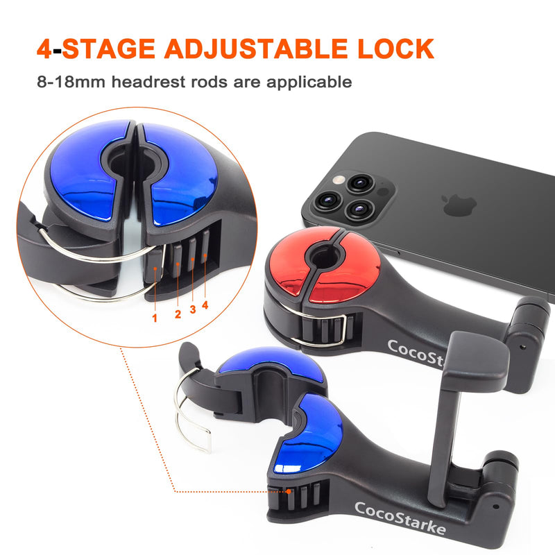 2 in 1 car headrest Hidden Hook with Cell Phone Holder Car Back Seat Hook Universal for Purses and Bags 360° Rotation Adjustable Hanger Rear Hook for Car Seats Silve (red &Blue) red &blue