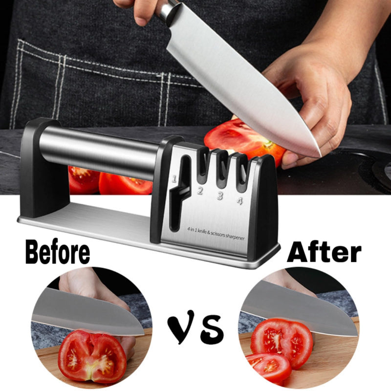 Knife Sharpener, 4 in 1 Knife and Scissors Sharpener, Stainless Steel Sharpening Tool for Kitchen Knives with Non Slip Rubber Base, Ergonomic Handle, Compact Design, Durable Build, Black
