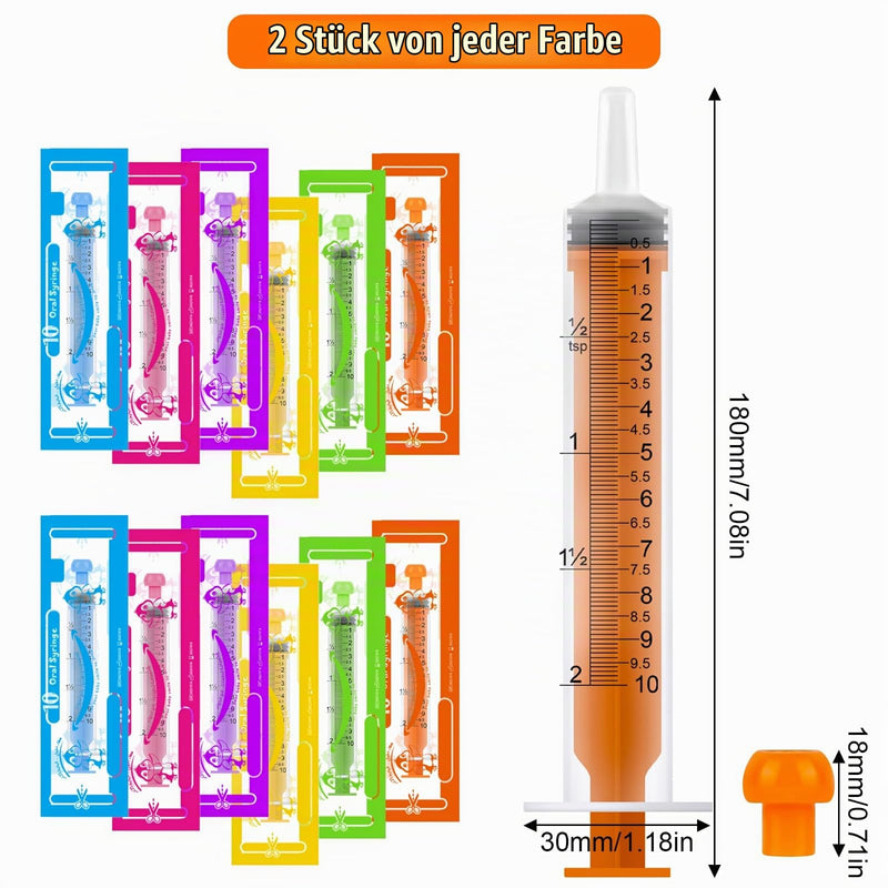 Pack of 14 Syringes with Lid, Multiple Colors, Colostrum Syringes, 10 ml, Multiple Individually Packed, Disposable Syringes for Laboratory, Liquid Measurement and Dispensing, Animal Feeding
