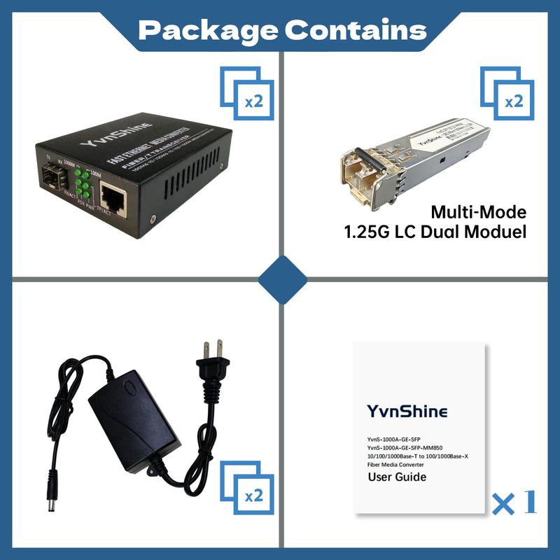 2 Pack Fiber Ethernet Media Converter, Gigabit SFP to RJ45 Converter Includes 2 Pcs 1.25G Multi-Mode SFP Transceiver, Fiber to Ethernet with 1000BASE-SX SFP to LC Module (MMF,850nm, Up to 550 Meters) MC-MMF-SFP550-2