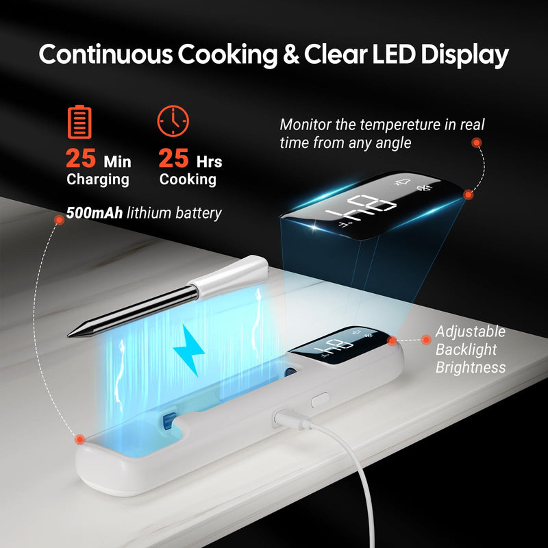 Wireless Meat Thermometer Digital with Clear White LED Display,1000ft Bluetooth 5.4 Meat Thermometer, 4 inches Short Smart Food Thermometer Probe for BBQ, Grill, Rotisserie
