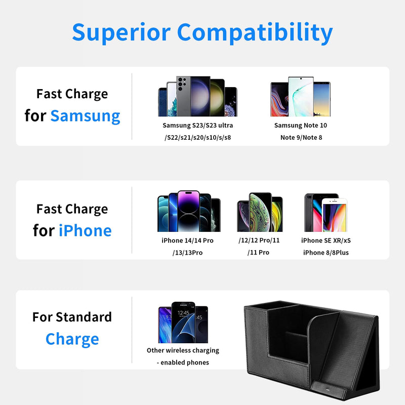 Wireless Charger with Desk Organizer, Fast Charging Station for iPhone 15 14 13 12 11 Pro Max/Samsung Galaxy S23/S22/S21/S20/Z Flip/Fold 5, Desk Phone Charger Stand Office Desktop Organizer Leather Black 1