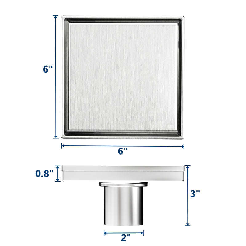 Neodrain 6" Tile Square Shower Drain with Removable Tile Insert Grate,304 Stainless Steel Tile Square Drain, CUPC Certified, Hidden Drain Easy to Clean(Brushed, 6 in) Brushed