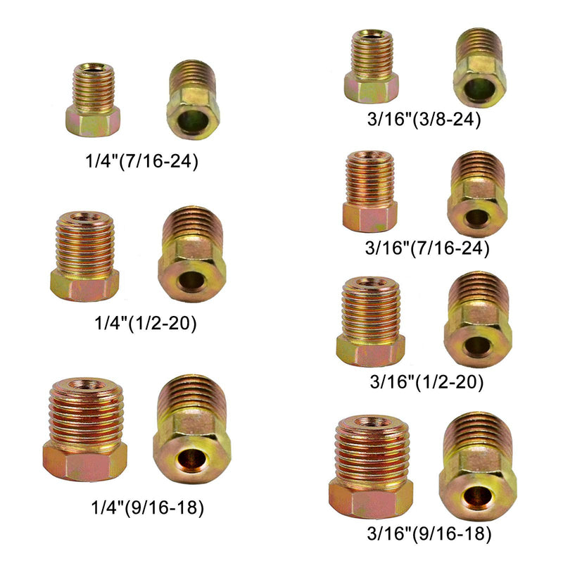 MuHize Brake Line Fitting Kit - 35 PCS Brake Line Nuts Assortment for Inverted Flares on 3/16" (19 Fittings) and 1/4" (16 Fittings) Brake Line Tube Gold