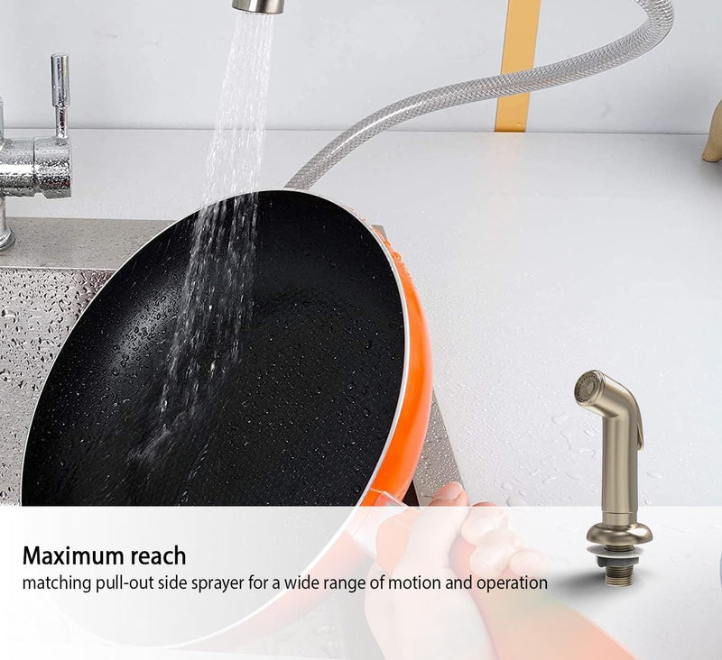 Wasserman 23073124 - Mobile Home RV Kitchen Sink Faucet High Spout Dual Lever Handle with Side Spray, High Arc, Deck Mount, Brushed Nickel, 8 inch on Center, for Campers, Motorhomes, Travel