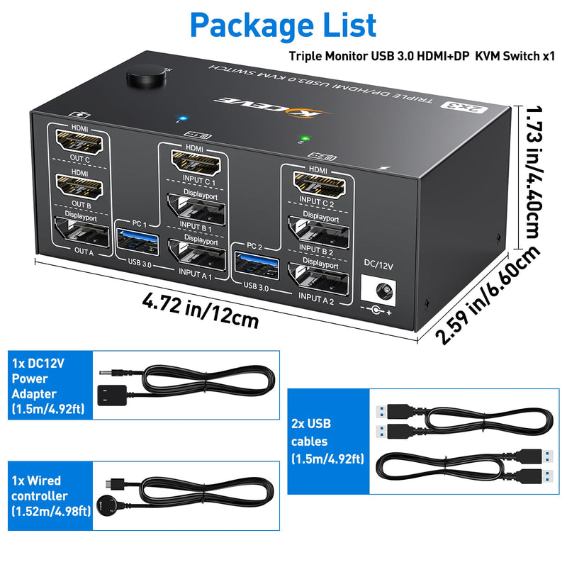 HDMI Displayport KVM Switch8K@60Hz/4K@144Hz,Triple Monitors KVM Switch for 2 Computers Share 3 Monitors and 4 USB3.0 Devices,with Wired Remote,and USB Cables Included 8K60Hz KVM Switch 2 IN 3 OUT