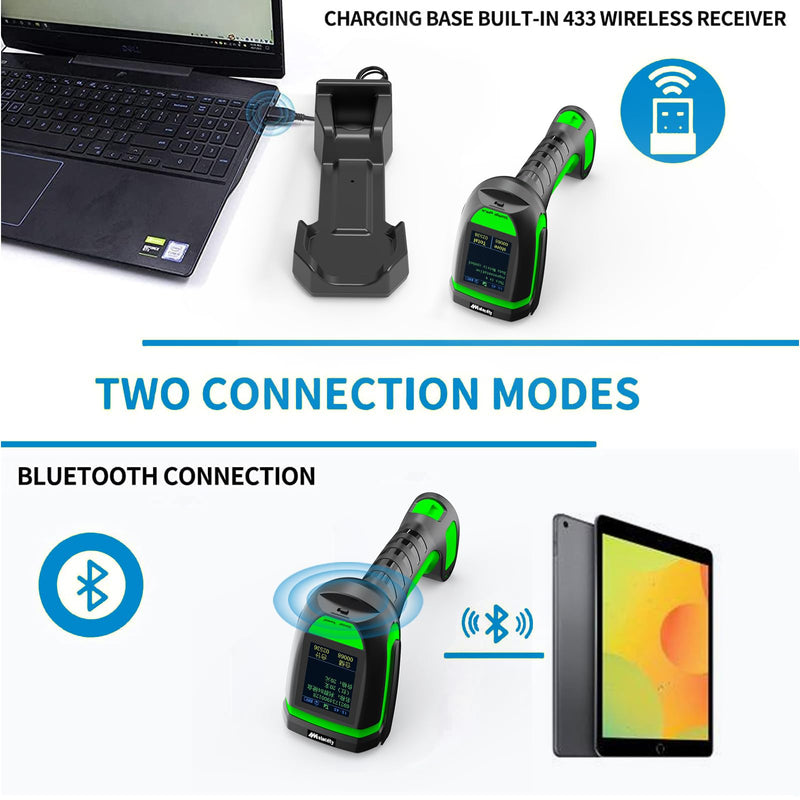 Alacrity Industrial-Grade Bluetooth 433MHz Wireless 2-in-1 Barcode Scanner with Screen and Dock, Long-Range 1500m Connectivity for Retail, Warehouse, and Logistics.