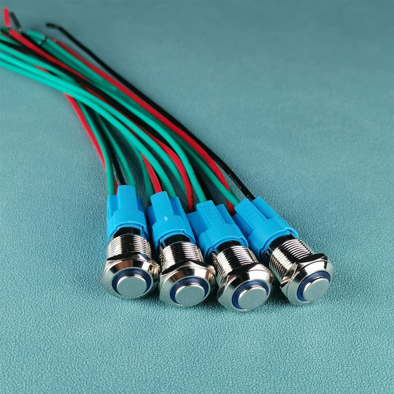 Gebildet Pack of 4 12mm Stainless Steel Button 3V-4.5V-5V-6V-7.5V-9V/5A LED 1NO SPST On/Off Waterproof with Cable Socket Plug (Blue LED) Blue (5v-9v)