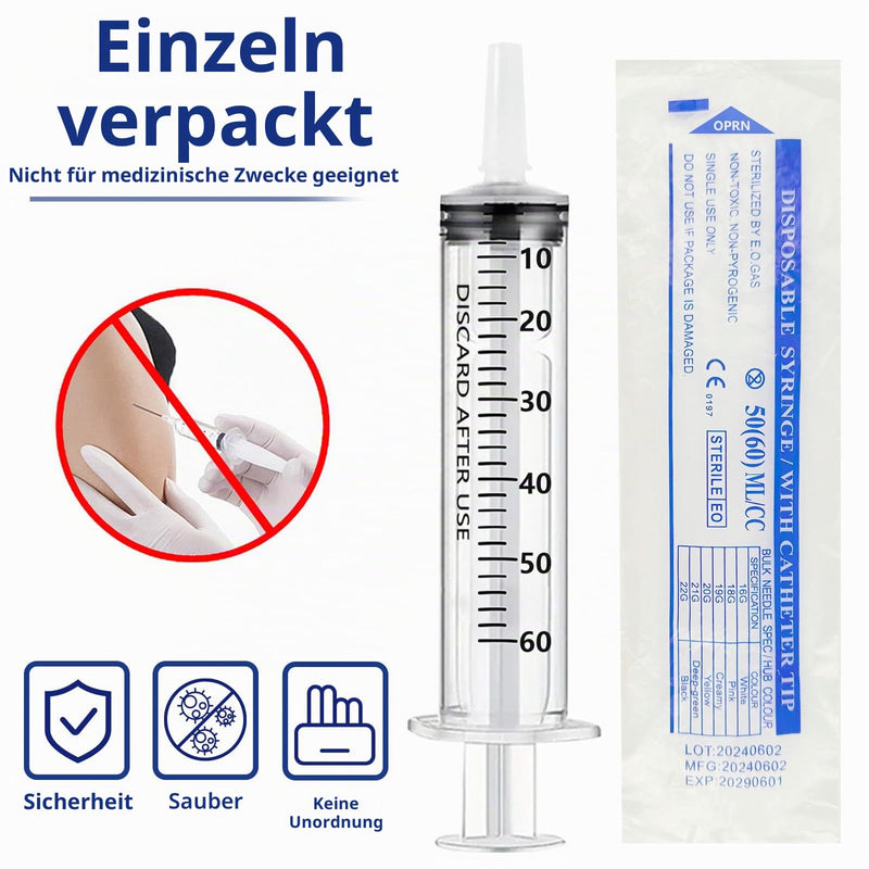 Pack of 2 60 ml Syringes with Hose, Reusable Dosing Syringes | Syringe Catheter, 60 ml (50 ml) Individually Packed Syringe without Needle for Scientific Laboratories, Garden Irrigation, Industry