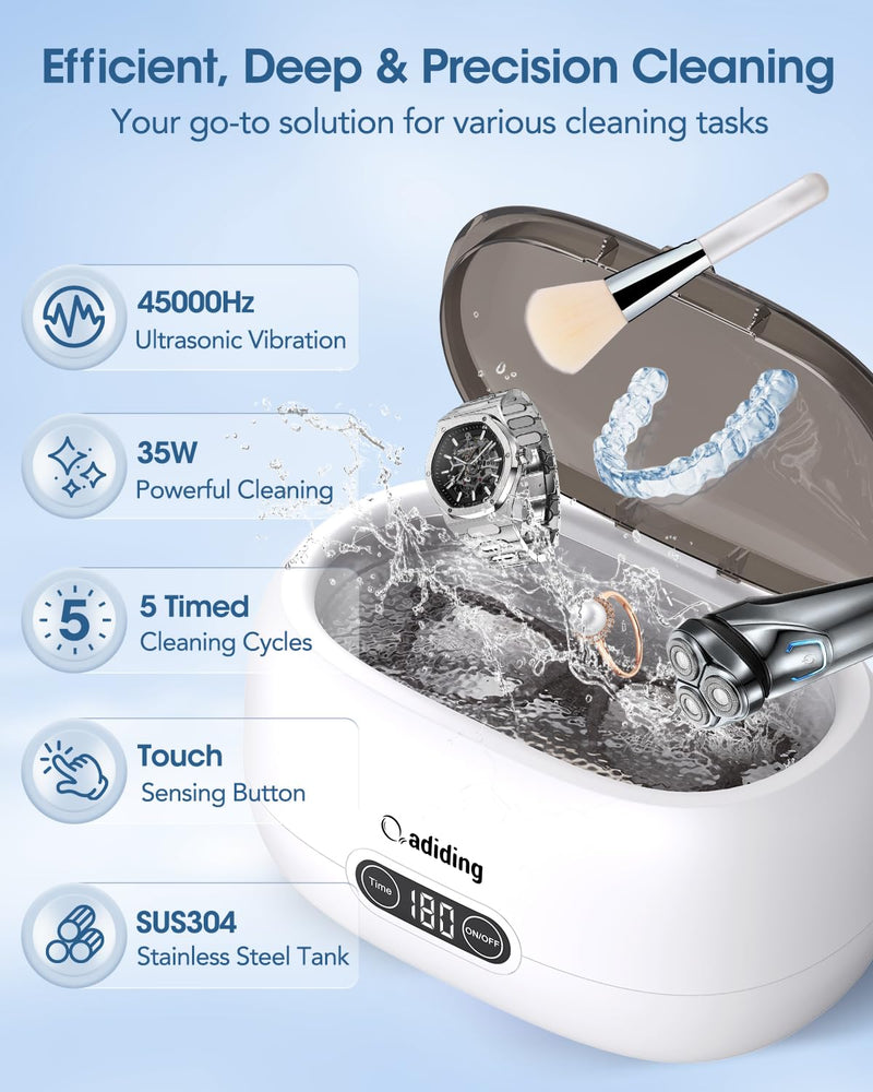 Adiding Jewelry Cleaning Machine, 650mL (23oz) Ring Sonic Cleaner Machine for Glasses, Earring, Denture, Retainer, Watch Straps, Razor -5 Cleaning Modes, Digital Timer, SUS304 Stainless Steel Brown