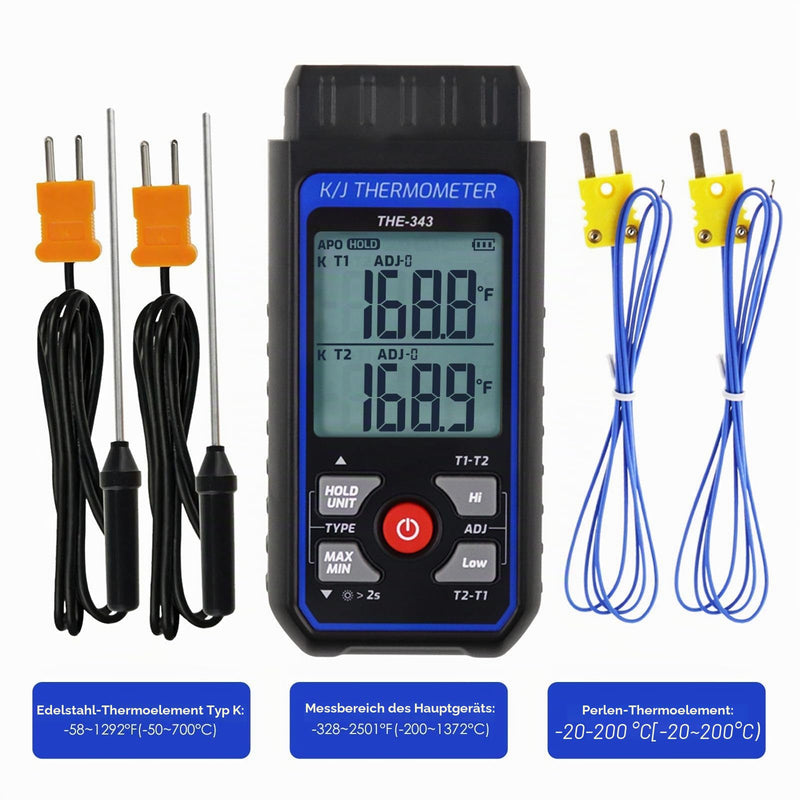 Thermocouple Thermometer, Digital K Type Thermometer with 4 Thermocouples, -200-1372℃ Measuring Range HVAC Thermometer Dual Channels, Temperature Meter LED Backlight and ADJ Compensation