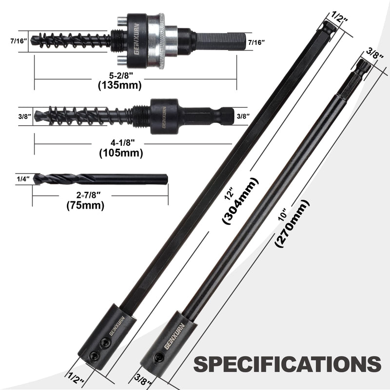 GEINXURN General Quick-Change Hole Saw Mandrel Kit, Includes 7/16-inch and 3/8-inch Arbor, 3 Pilot Drills, 2 hex Wrenches,Springs with 8“-3/8 inch and 10”-1/2 Inch Hex Shank Locking Impact Extension GHSM038LX2EC