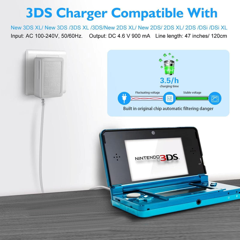 3DS Charger, FIOTOK 3DS Charger Compatible with Nintendo 3DS/ New 3DS XL/DSi/DSi XL/2DS/ 2DS XL Wall Plug Adapter (100-240v)