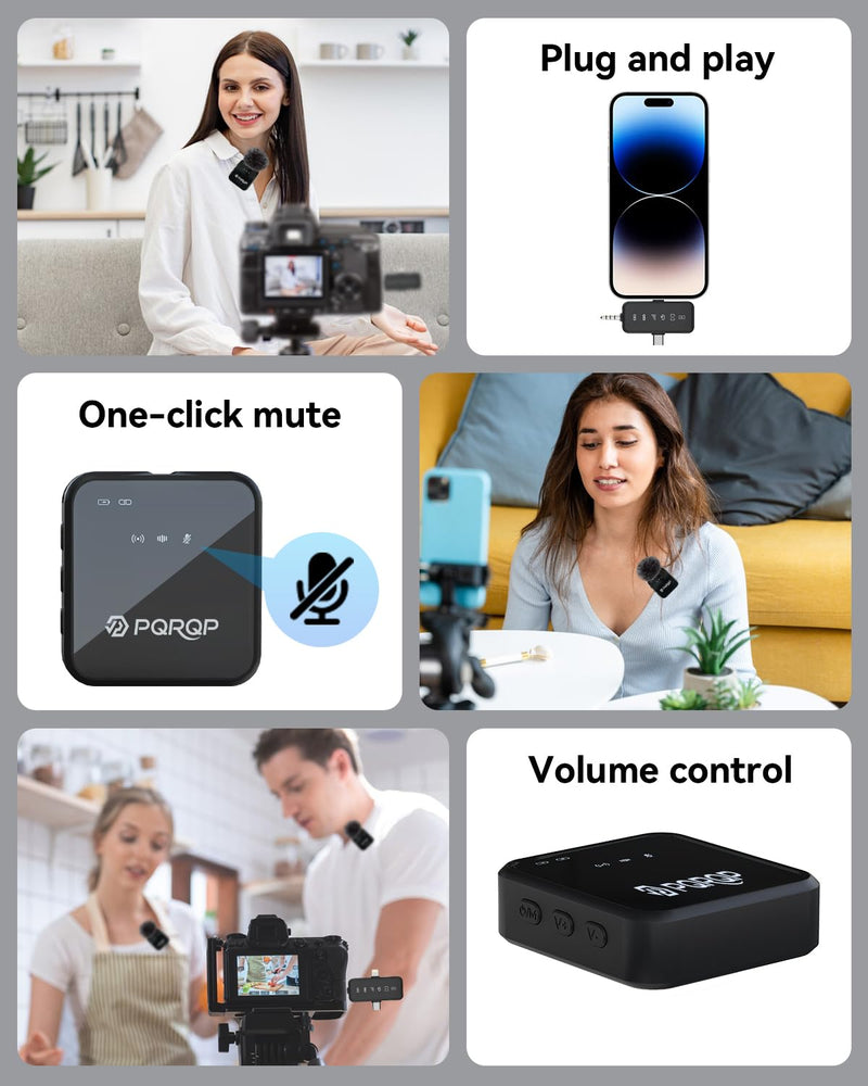 PQRQP 3 in 1 Microphone for iPhone/Android/Camera, Wireless Microphones, 328ft Transmission, 18H Battery Life, Mini Microphone for Record Interview, Vlogs, YouTube, Tiktok Ebony Black