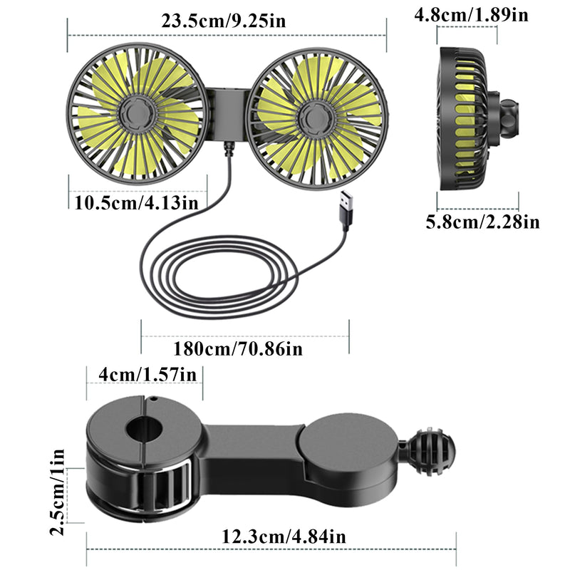 Car Fan, Dual Head USB Car Fans for backseat for kids, 3-Speed Air Speed and 360° Rotating Rear Seat Cooling Carseat Fan 5V Powerful Air Circulation Fan for Sedan SUV RV Truck