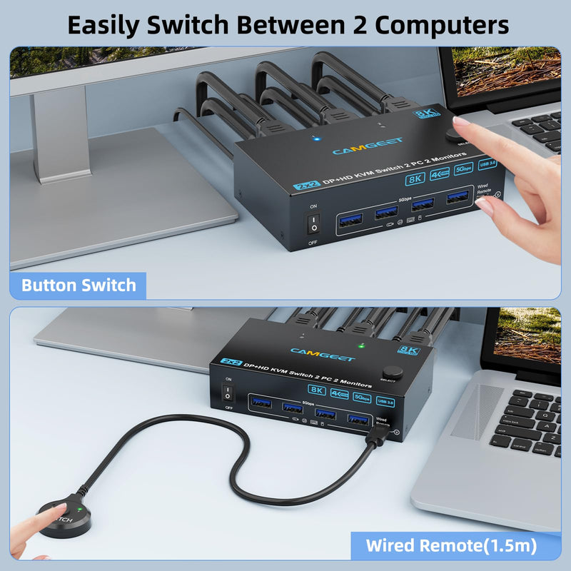 4K@144Hz KVM Switch 2 Monitors 2 Computers 8K@60Hz,Camgeet HDMI and Displayport Dual Monitor KVM Switch with 4 USB 3.0 Port for Keyboard Mouse Printer,Wired Remote,Power Adapter and USB Cable Included HDMI+DP 2 Monitors