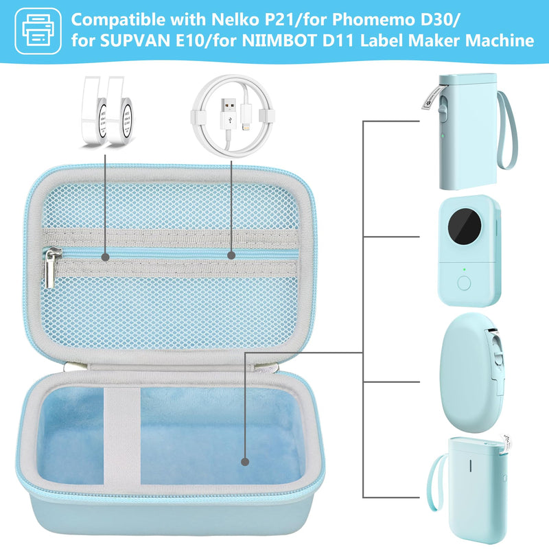 Hard Case Compatible with Nelko P21/for Phomemo D30/for SUPVAN E10/for NIIMBOT D11 Label Maker Machine, Portable Bluetooth Label Printer Storage Holder Bag with Mesh Pocket for Tapes, Blue