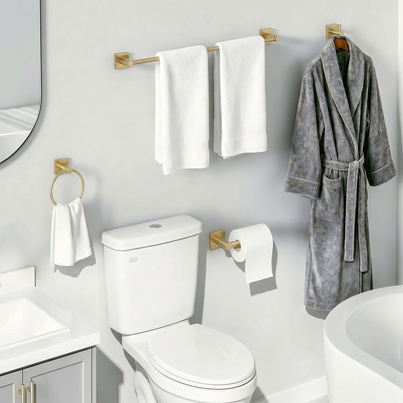 24-Inch Wall Mounted Towel Racks for Bathroom – Space Saver 4-Piece Durable Stainless Steel Bathroom Hardware Set with Towel Bar, Towel Ring, Toilet Paper Holder & Hook, Gold Golden Square