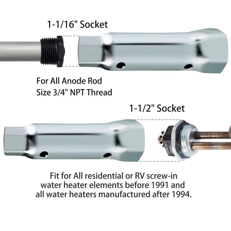 Water Heater Element Socket Wrench, 1 1/16 and 1 1/2 Socket, Dual Hex Ends Removal Tool for Maintenance Water Heater Elements or Anodes on Residential or RV Camper Travel Trailer, Silver Galvanized